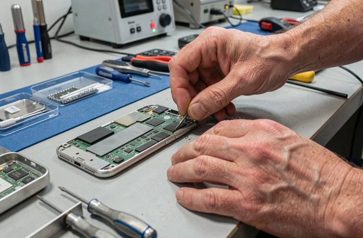 Technicien reconditionnant un smartphone en atelier avec outils de réparation professionnels
