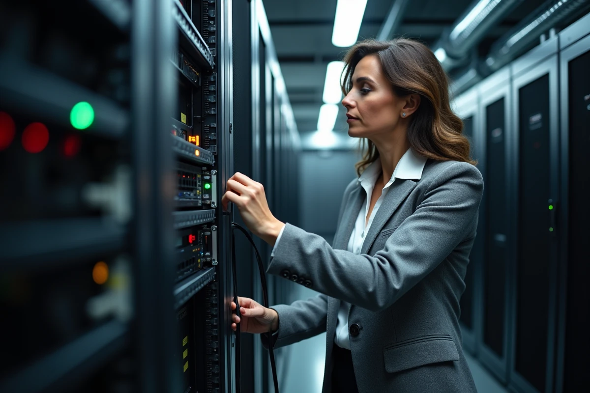 Femme ingénieure réseau connectant des câbles dans un centre de données