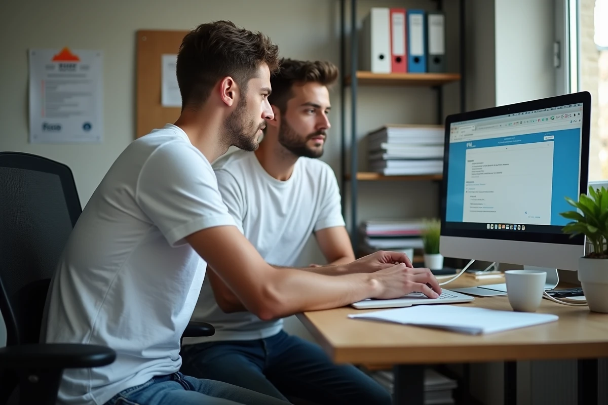 Technicien informatique aidant un collègue à résoudre un problème de connexion webmail dans un bureau administratif à Dijon