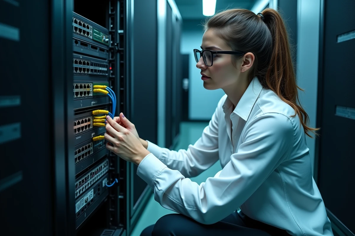 Technicienne informatique branchant un câble RJ45 sur un switch PoE dans une armoire de brassage de bureau