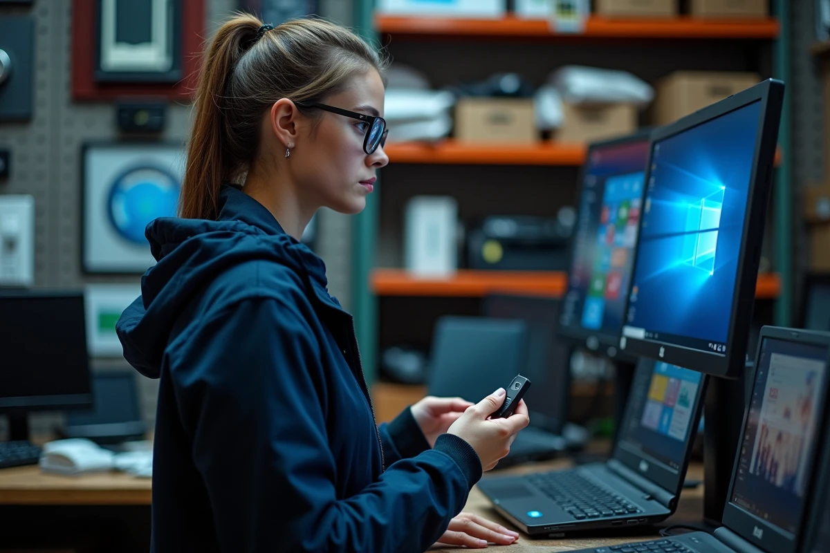 Technicienne informatique installant Windows via une clé USB ISO pour sécuriser un ancien ordinateur