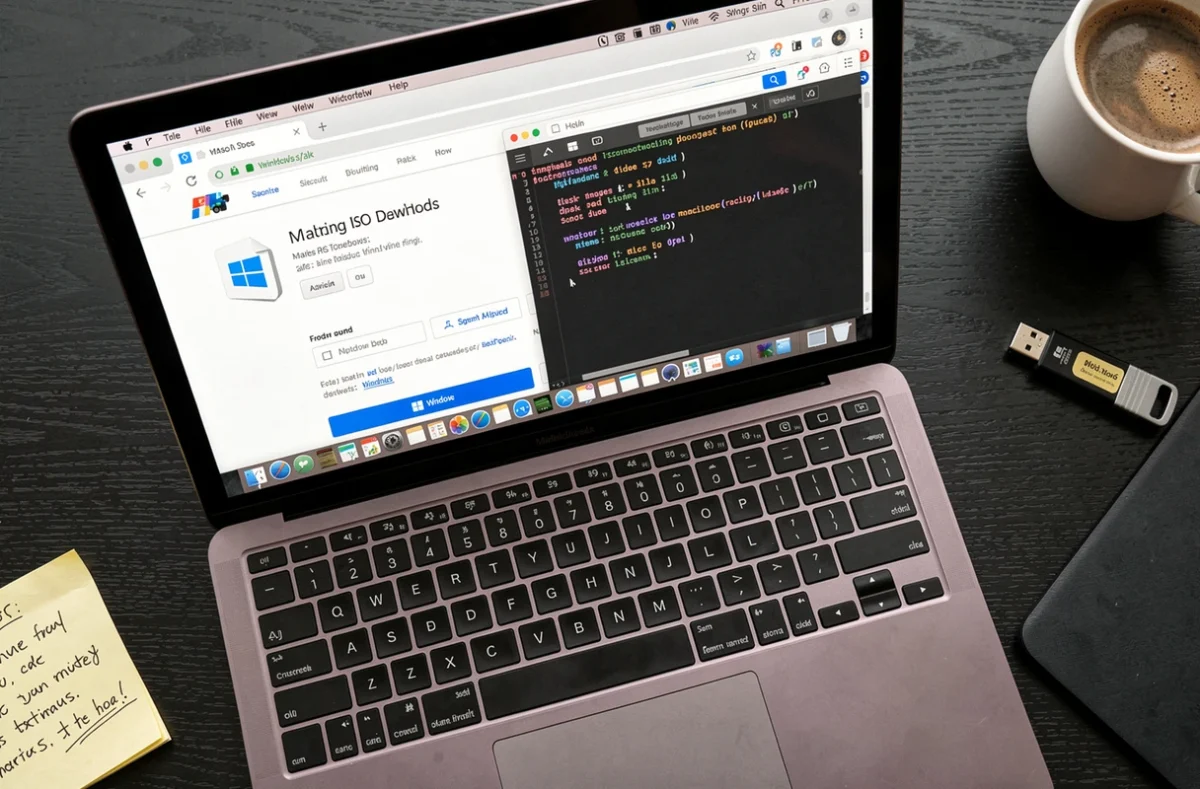 Vue aérienne d'un ordinateur portable téléchargeant un ISO macOS avec clé USB et notes manuscrites