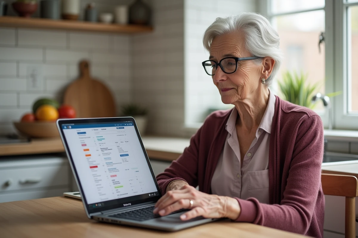 Femme mature triant ses emails sur Orange Mail depuis un ordinateur portable dans une cuisine familiale