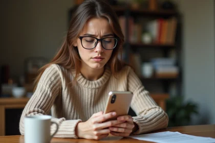 Jeune femme confuse regardant son téléphone affichant un message utilisateur introuvable sur Instagram