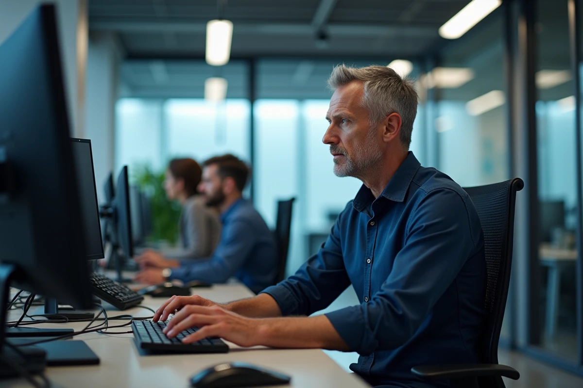 Homme en bureau utilisant un clavier AZERTY externe pour taper un É majuscule sur son ordinateur