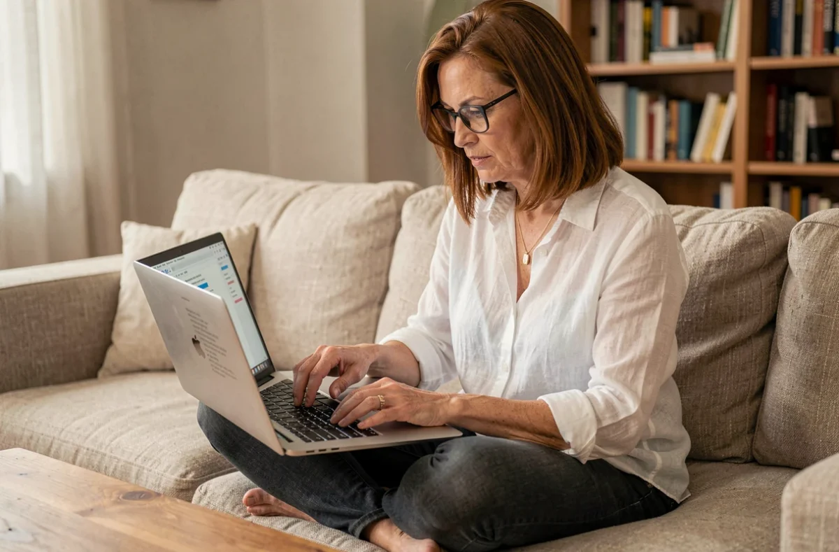 Femme utilisant les touches fléchées d'un ordinateur portable Windows installée confortablement sur un canapé à la maison