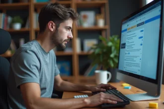 Homme concentré utilisant les flags expérimentaux de Google Chrome sur un grand écran dans un bureau à domicile moderne
