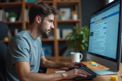 Homme concentré utilisant les flags expérimentaux de Google Chrome sur un grand écran dans un bureau à domicile moderne