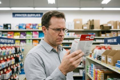 Homme vérifiant l'emballage d'une cartouche Canon dans un magasin de fournitures de bureau