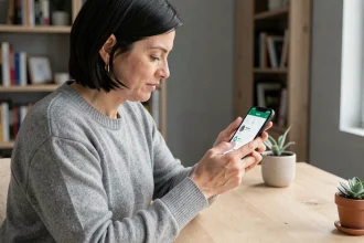 Femme vidant la corbeille de son smartphone dans un bureau à domicile en 2026, geste numérique de suppression de données personnelles