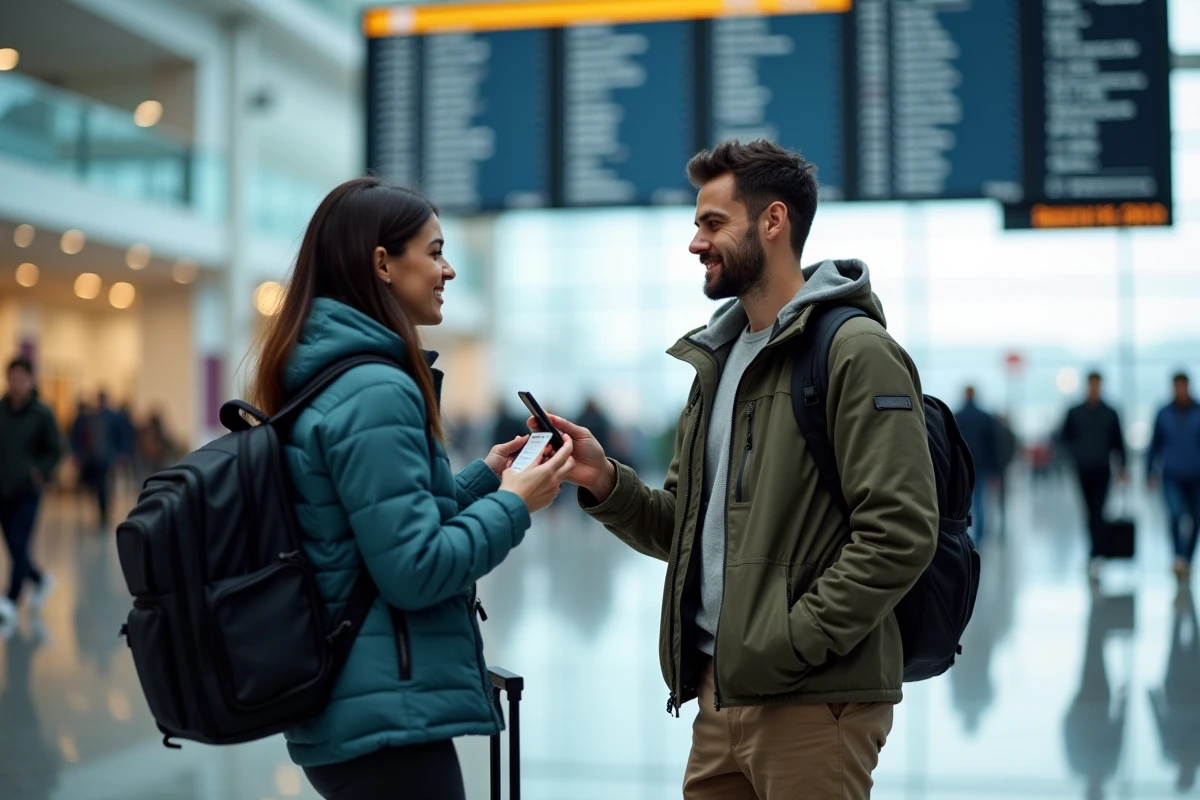 Deux voyageurs utilisant un smartphone pour afficher leur carte d'embarquement dans un terminal d'aéroport international