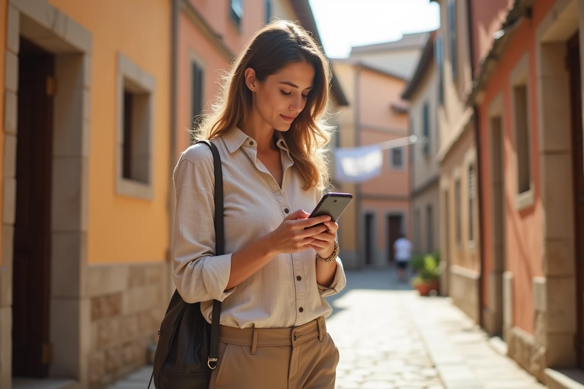 Voyageuse consultant son smartphone polyvalent dans une ruelle pavée d'une vieille ville européenne