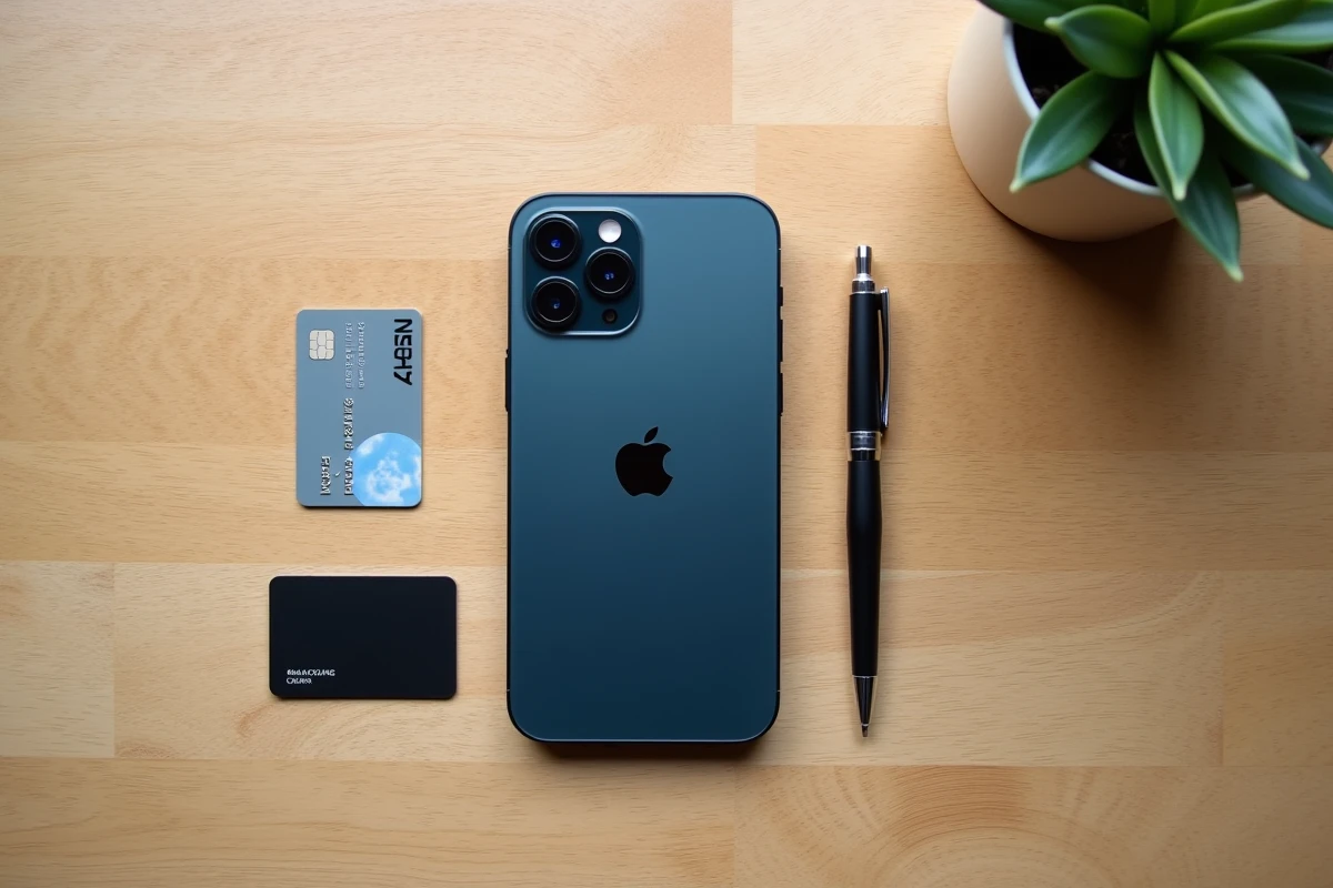 Vue de dessus d'un iPhone 12 posé à côté d'une carte de crédit et d'un stylo pour comparaison de taille
