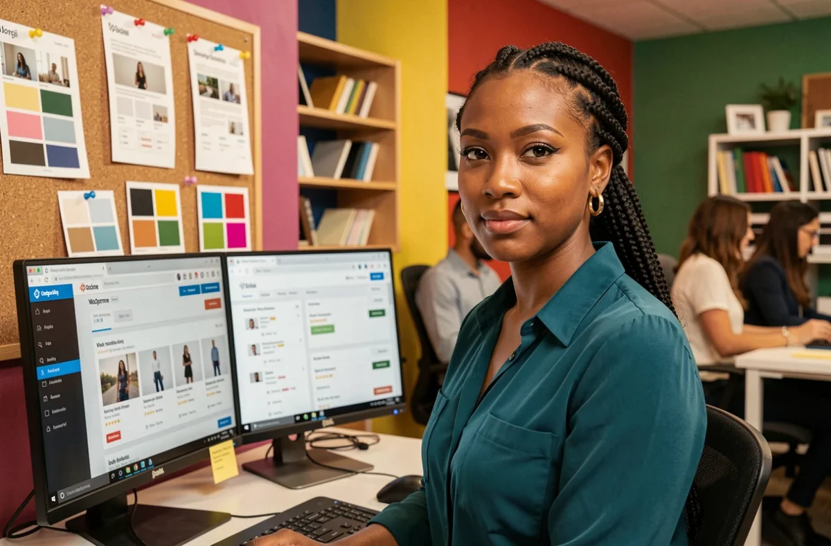 Yatma Gueye, développeuse e-commerce et agence web, devant un écran affichant une plateforme e-commerce dans un studio d'agence créatif