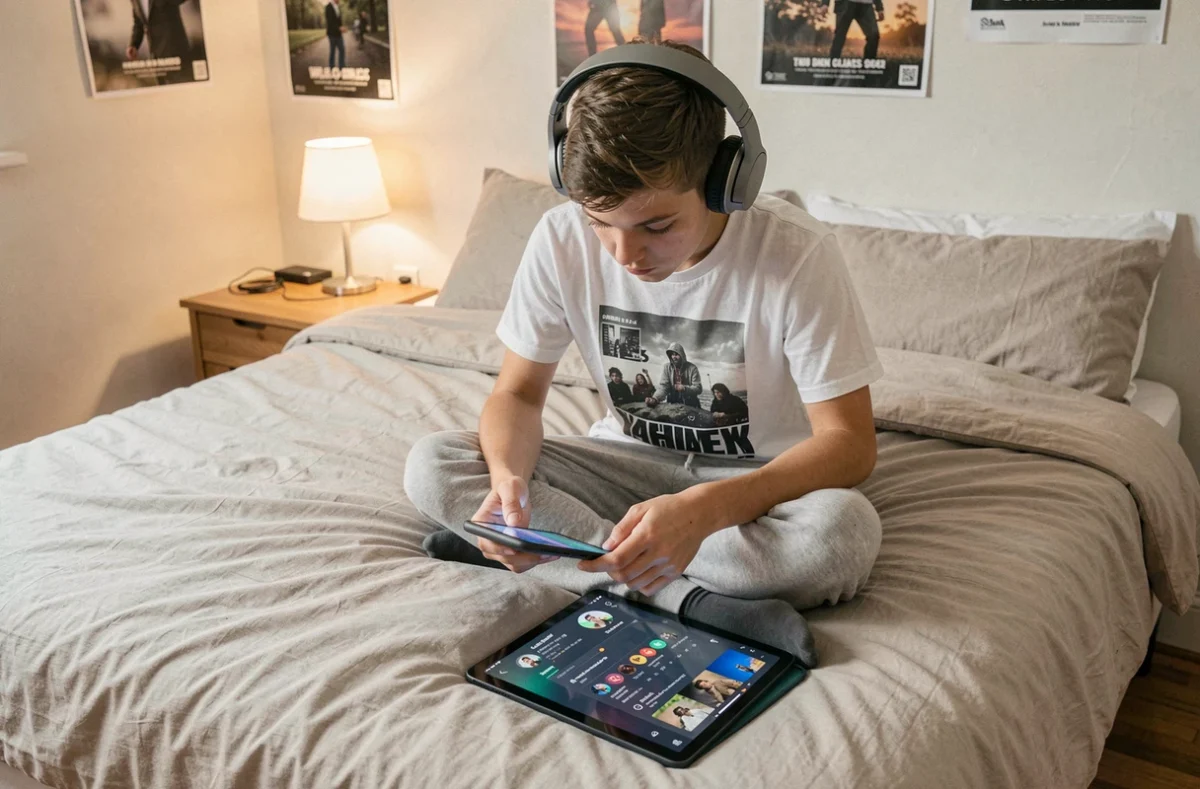 Adolescent utilisant You zik com sur smartphone et tablette avec un casque audio dans sa chambre
