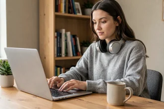 Jeune femme utilisant You zik com sur son ordinateur portable avec un casque audio dans un bureau à domicile moderne