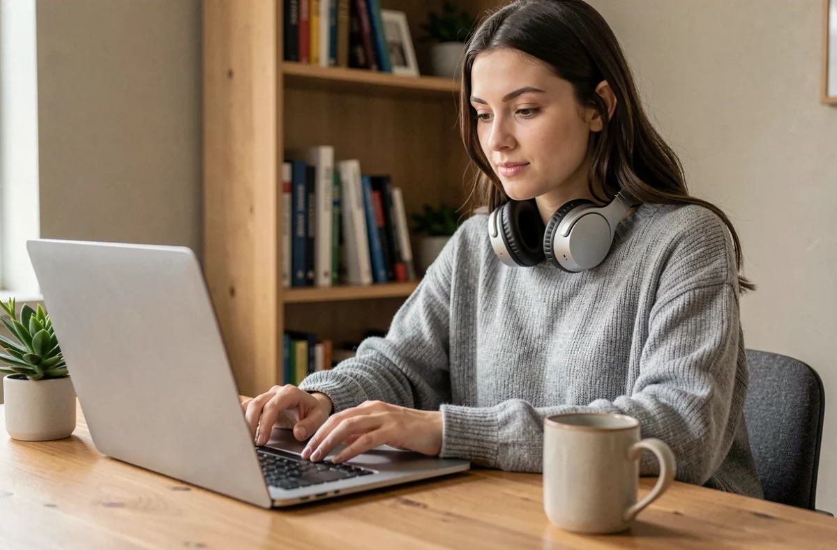 Jeune femme utilisant You zik com sur son ordinateur portable avec un casque audio dans un bureau à domicile moderne