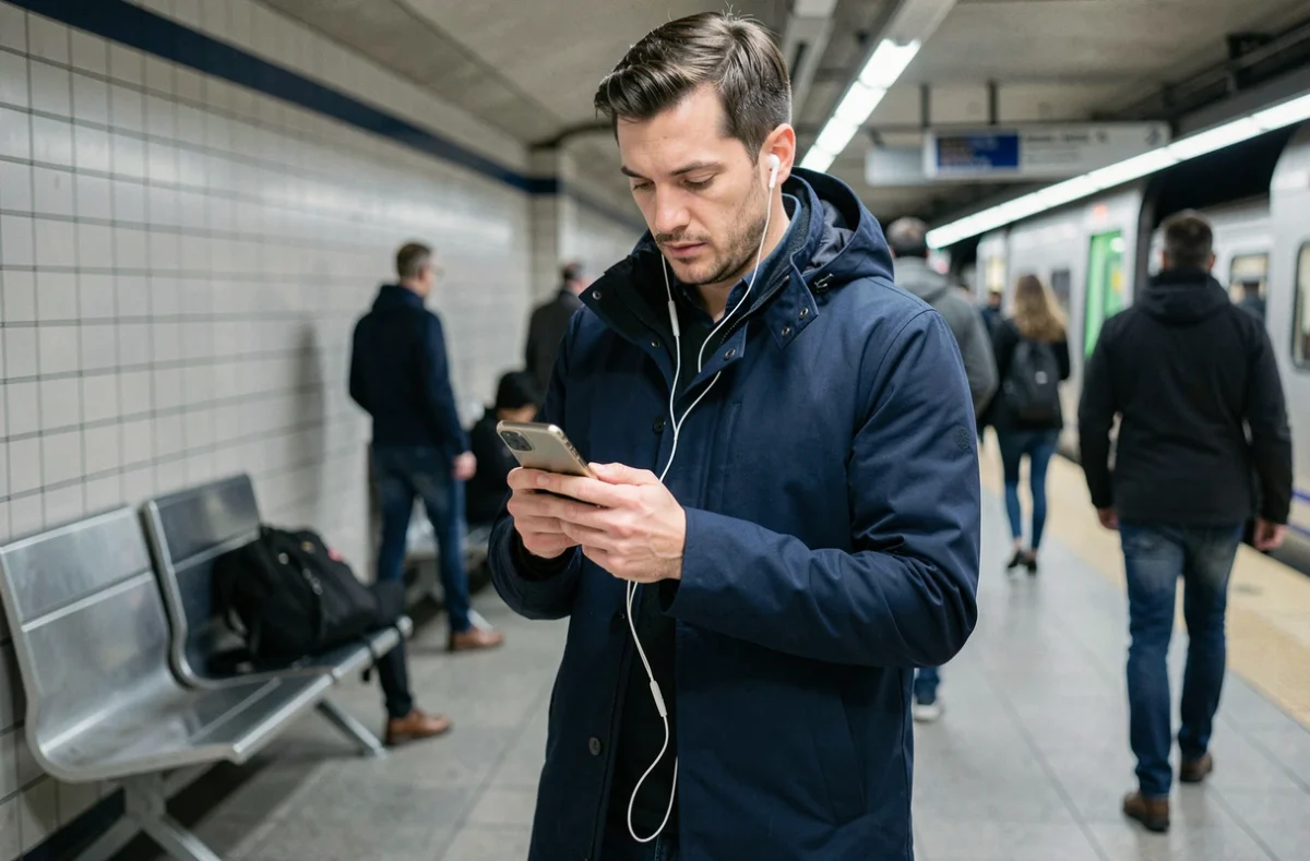 Homme écoutant de la musique sur You zik com via smartphone dans une station de métro urbaine